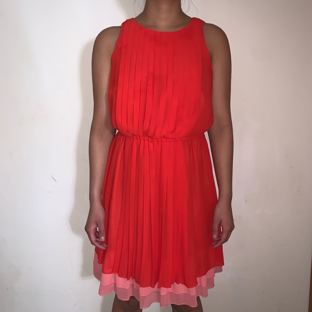 Jessica Howard Red Orange and Pink Pleated Sleeveless Dress Size 10 Petite